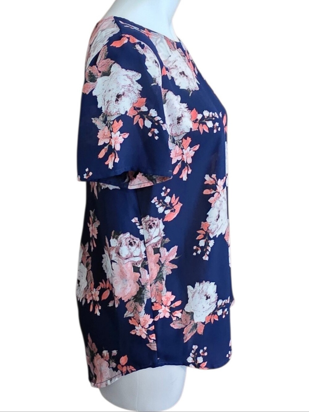 Chelsea & Theodore Navy Floral Short Sleeve Blouse Size S - Picture 3 of 9